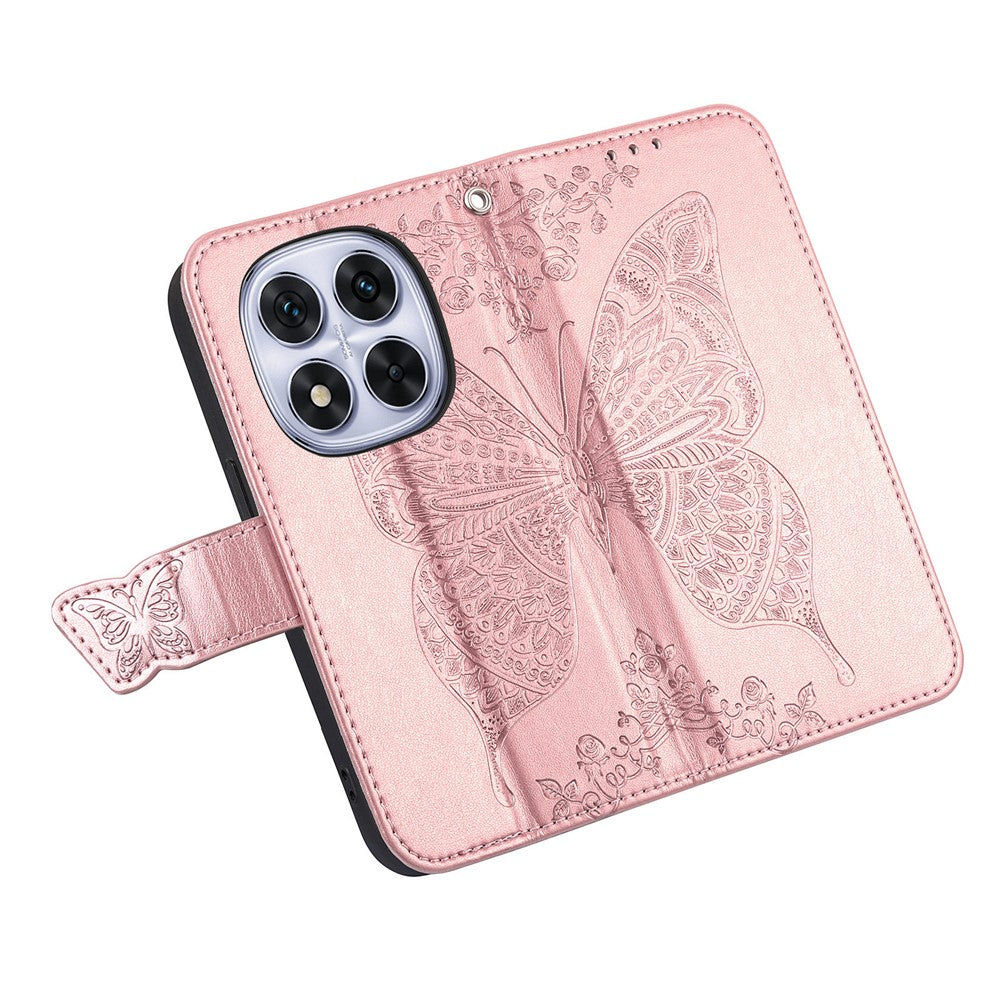 For Xiaomi Poco M8 Pro 5G / Redmi Note 15 Pro+ 5G (Global) Case with Strap Butterfly Pattern PU Leather Wallet Phone Cover - Rose Gold