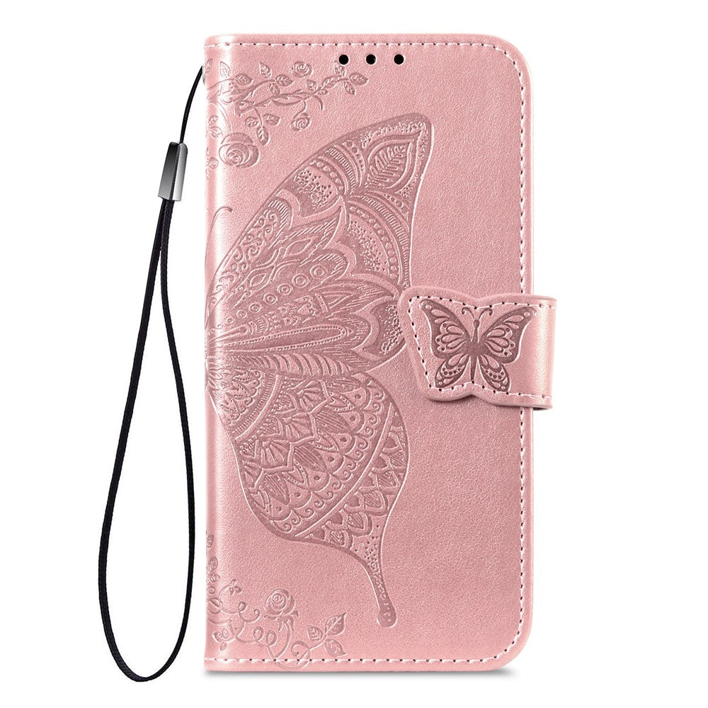 For Xiaomi Poco M8 Pro 5G / Redmi Note 15 Pro+ 5G (Global) Case with Strap Butterfly Pattern PU Leather Wallet Phone Cover - Rose Gold