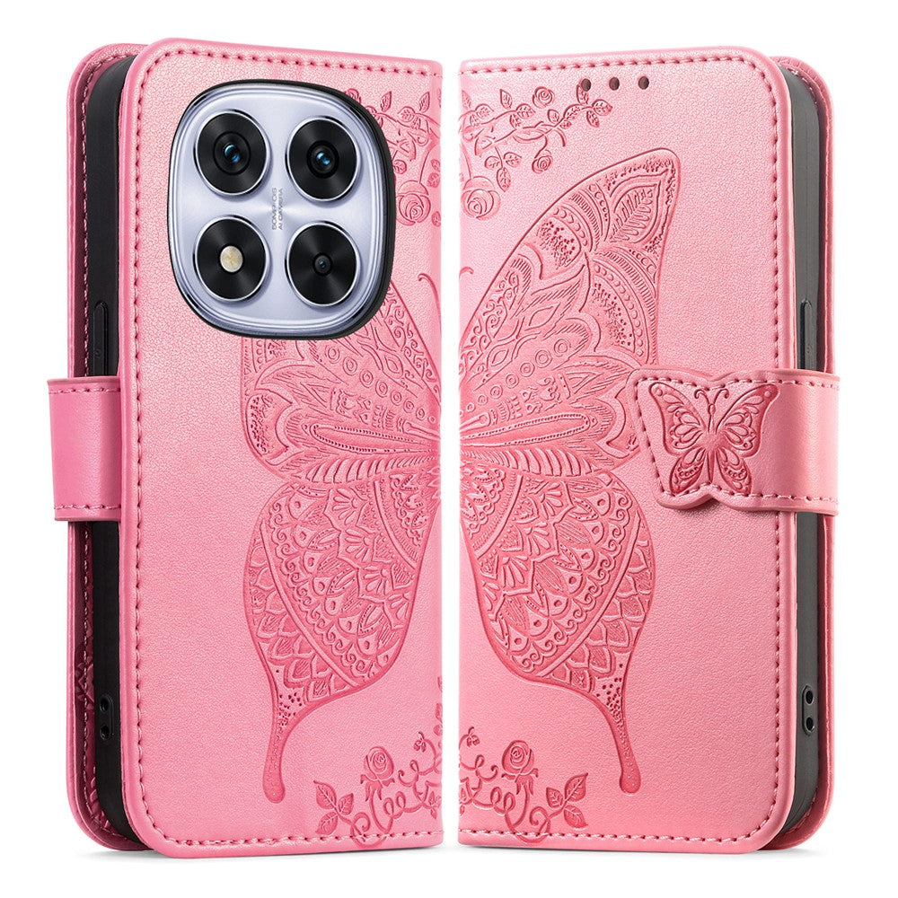 For Xiaomi Poco M8 Pro 5G / Redmi Note 15 Pro+ 5G (Global) Case with Strap Butterfly Pattern PU Leather Wallet Phone Cover - Pink