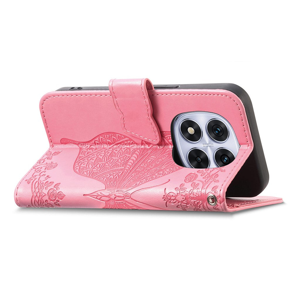 For Xiaomi Poco M8 Pro 5G / Redmi Note 15 Pro+ 5G (Global) Case with Strap Butterfly Pattern PU Leather Wallet Phone Cover - Pink
