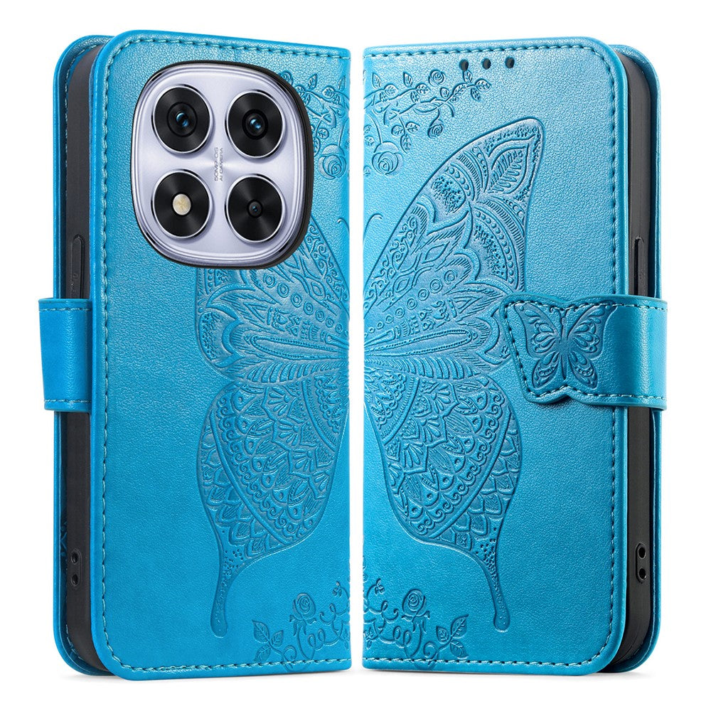 For Xiaomi Poco M8 Pro 5G / Redmi Note 15 Pro+ 5G (Global) Case with Strap Butterfly Pattern PU Leather Wallet Phone Cover - Blue