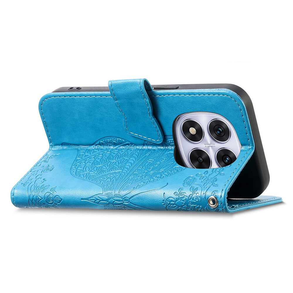 For Xiaomi Poco M8 Pro 5G / Redmi Note 15 Pro+ 5G (Global) Case with Strap Butterfly Pattern PU Leather Wallet Phone Cover - Blue