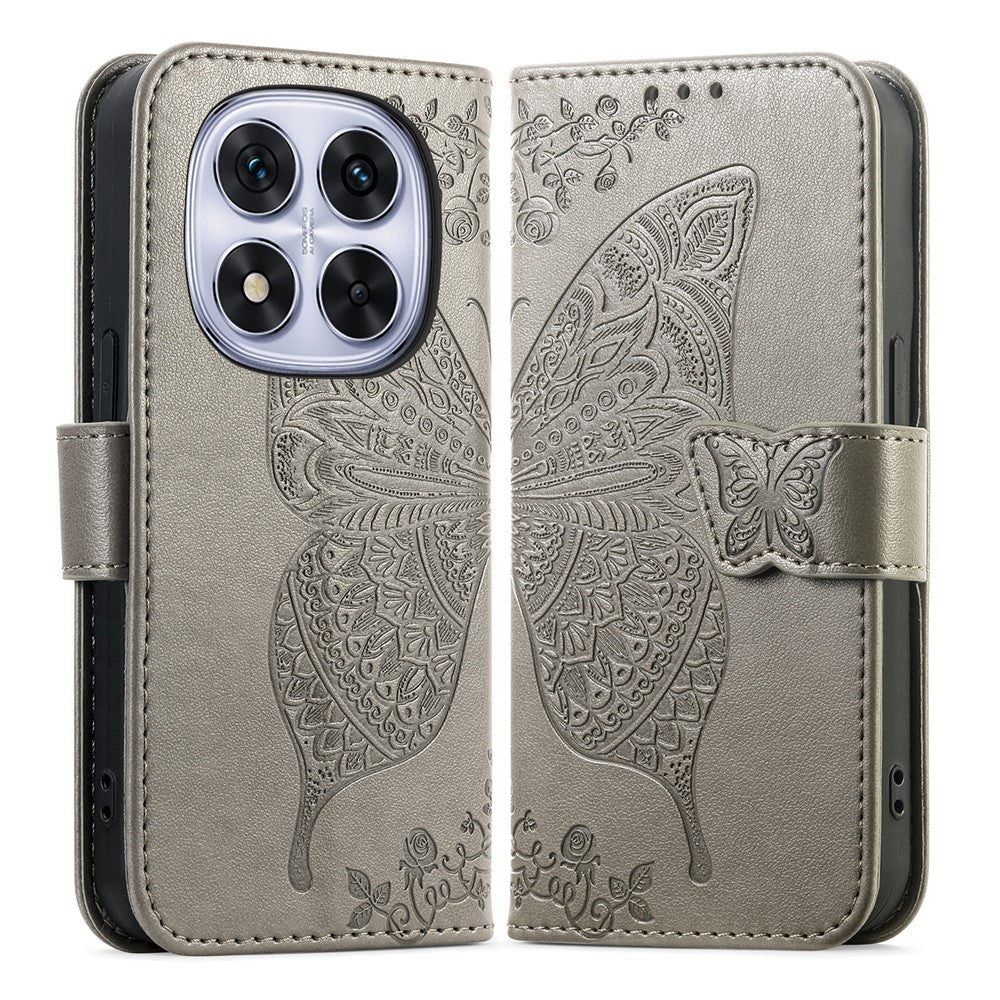 For Xiaomi Poco M8 Pro 5G / Redmi Note 15 Pro+ 5G (Global) Case with Strap Butterfly Pattern PU Leather Wallet Phone Cover - Grey