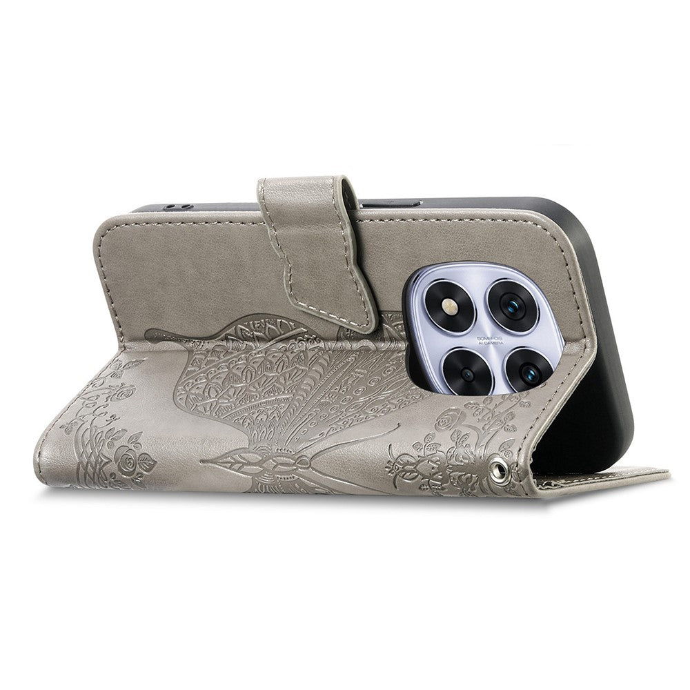 For Xiaomi Poco M8 Pro 5G / Redmi Note 15 Pro+ 5G (Global) Case with Strap Butterfly Pattern PU Leather Wallet Phone Cover - Grey