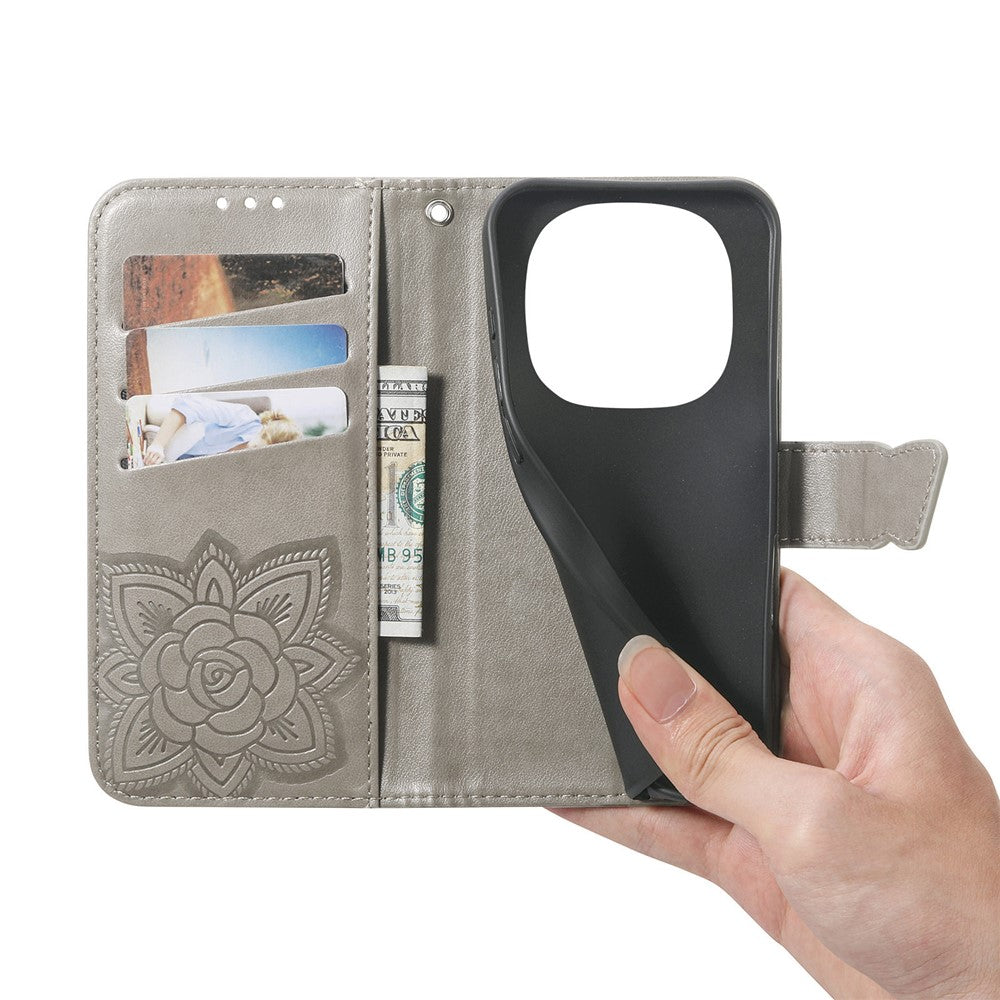 For Xiaomi Poco M8 Pro 5G / Redmi Note 15 Pro+ 5G (Global) Case with Strap Butterfly Pattern PU Leather Wallet Phone Cover - Grey