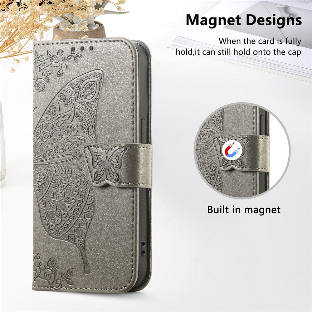 For Xiaomi Poco M8 Pro 5G / Redmi Note 15 Pro+ 5G (Global) Case with Strap Butterfly Pattern PU Leather Wallet Phone Cover - Grey