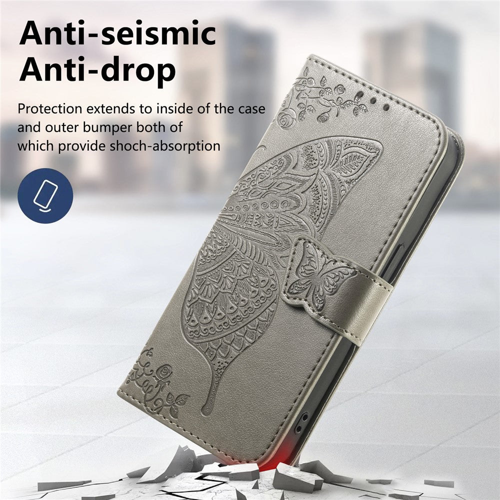 For Xiaomi Poco M8 Pro 5G / Redmi Note 15 Pro+ 5G (Global) Case with Strap Butterfly Pattern PU Leather Wallet Phone Cover - Grey