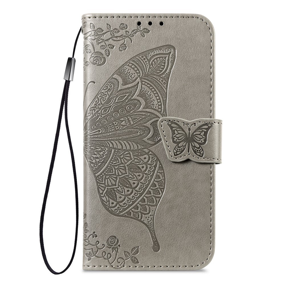 For Xiaomi Poco M8 Pro 5G / Redmi Note 15 Pro+ 5G (Global) Case with Strap Butterfly Pattern PU Leather Wallet Phone Cover - Grey