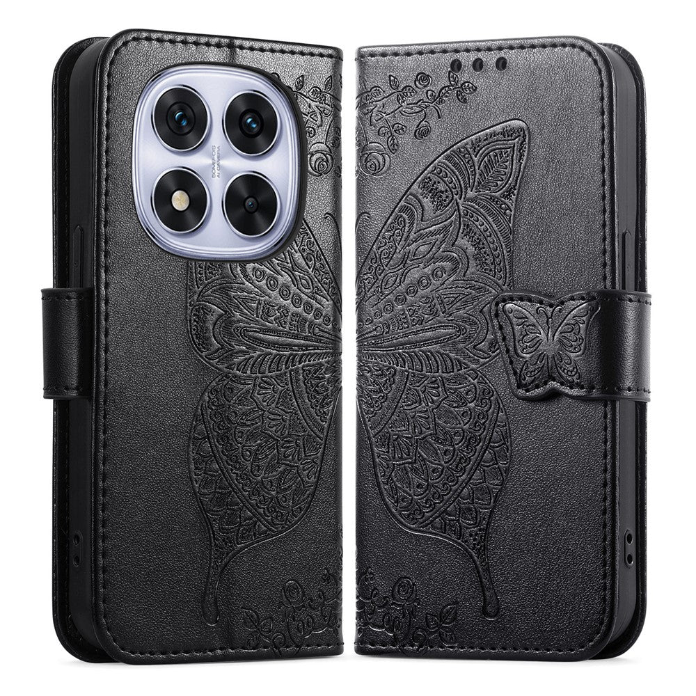 For Xiaomi Poco M8 Pro 5G / Redmi Note 15 Pro+ 5G (Global) Case with Strap Butterfly Pattern PU Leather Wallet Phone Cover - Black