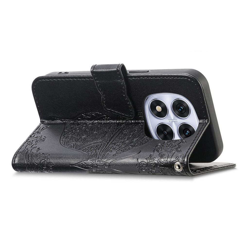 For Xiaomi Poco M8 Pro 5G / Redmi Note 15 Pro+ 5G (Global) Case with Strap Butterfly Pattern PU Leather Wallet Phone Cover - Black