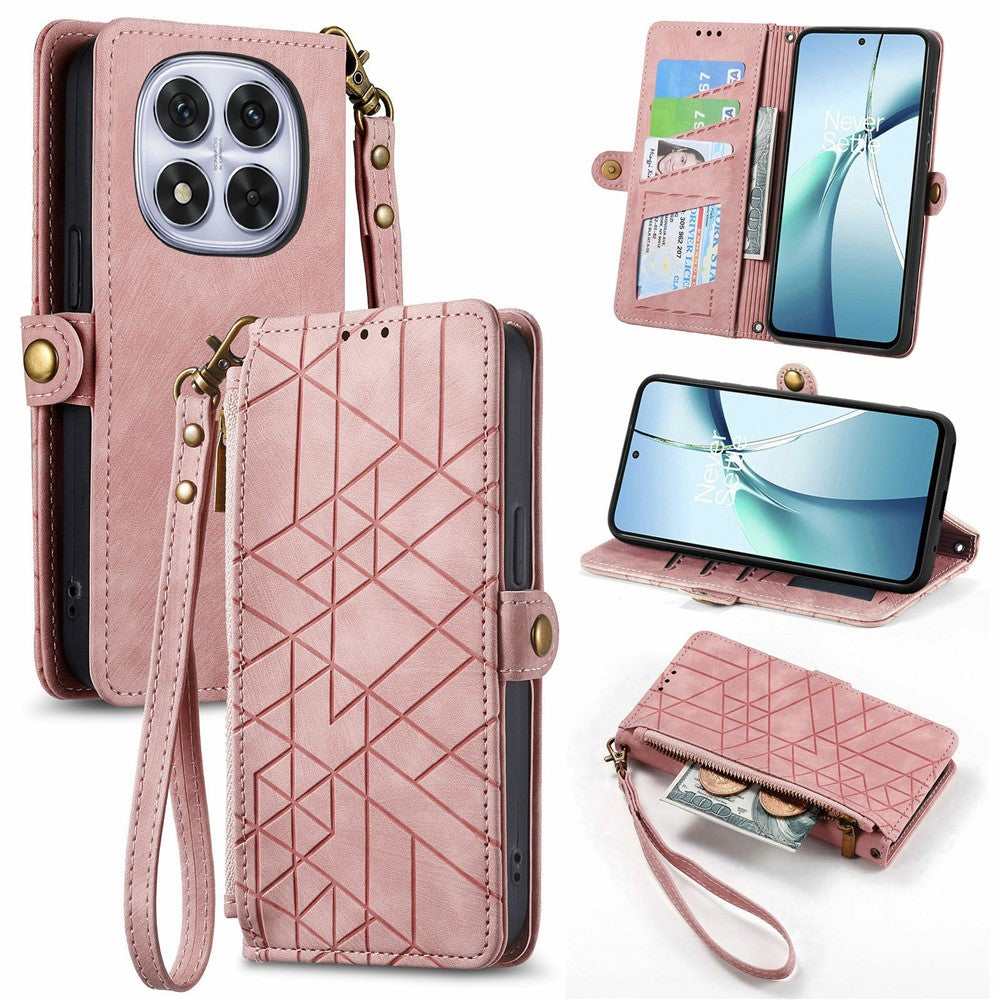 For Xiaomi Poco M8 Pro 5G / Redmi Note 15 Pro+ 5G (Global) Case Zipper Wallet Geometry Lines Leather Phone Cover with Strap - Pink