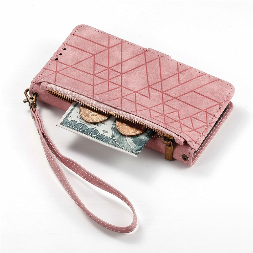 For Xiaomi Poco M8 Pro 5G / Redmi Note 15 Pro+ 5G (Global) Case Zipper Wallet Geometry Lines Leather Phone Cover with Strap - Pink