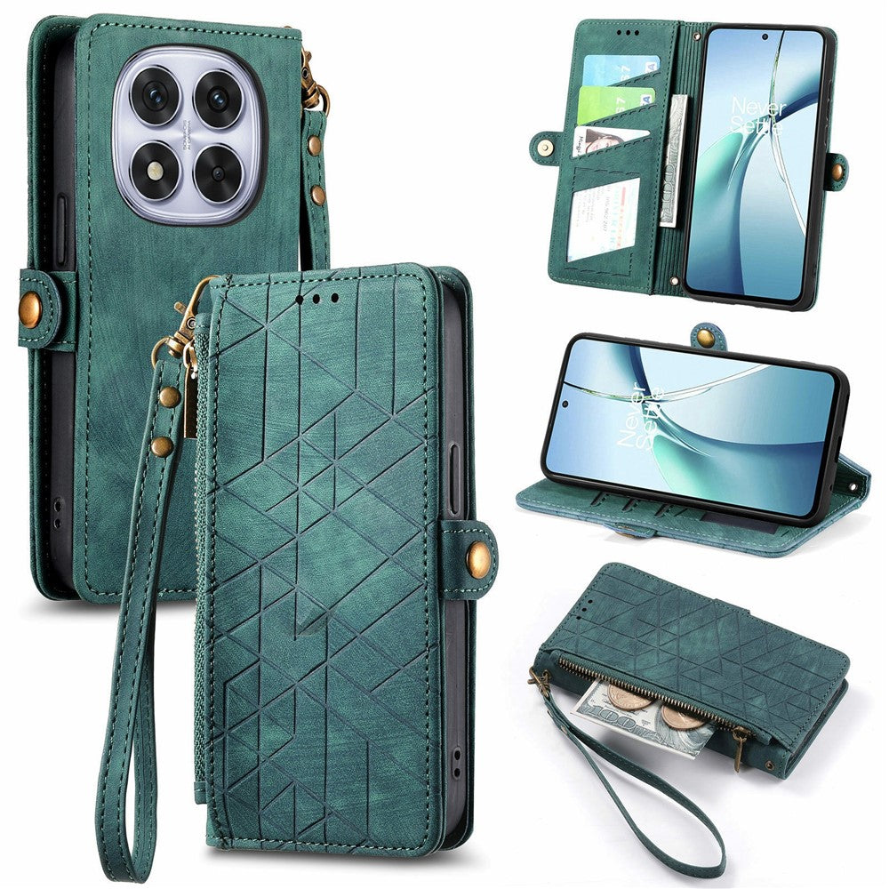 For Xiaomi Poco M8 Pro 5G / Redmi Note 15 Pro+ 5G (Global) Case Zipper Wallet Geometry Lines Leather Phone Cover with Strap - Green