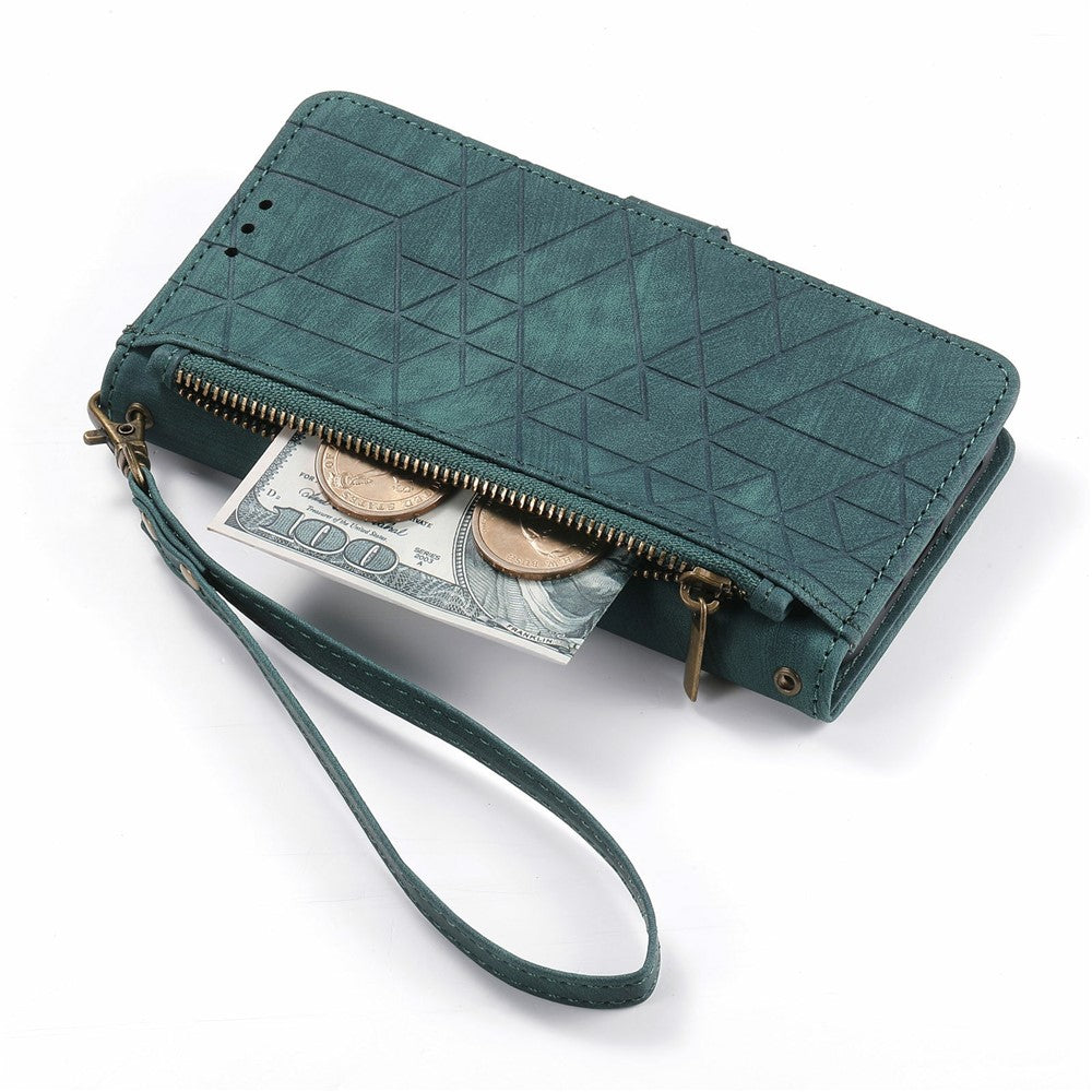 For Xiaomi Poco M8 Pro 5G / Redmi Note 15 Pro+ 5G (Global) Case Zipper Wallet Geometry Lines Leather Phone Cover with Strap - Green