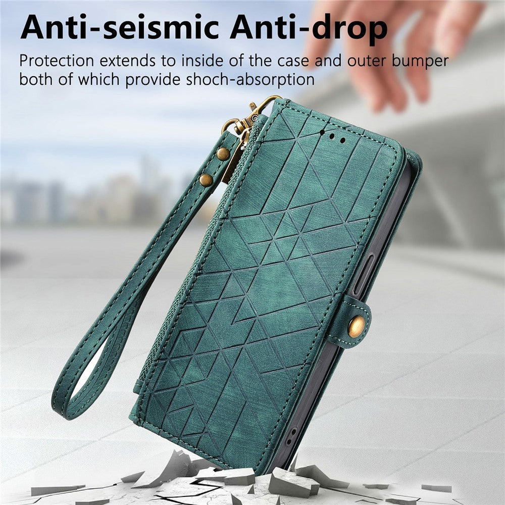 For Xiaomi Poco M8 Pro 5G / Redmi Note 15 Pro+ 5G (Global) Case Zipper Wallet Geometry Lines Leather Phone Cover with Strap - Green