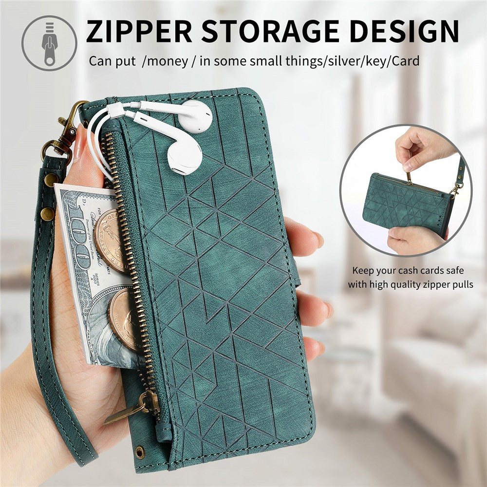 For Xiaomi Poco M8 Pro 5G / Redmi Note 15 Pro+ 5G (Global) Case Zipper Wallet Geometry Lines Leather Phone Cover with Strap - Green