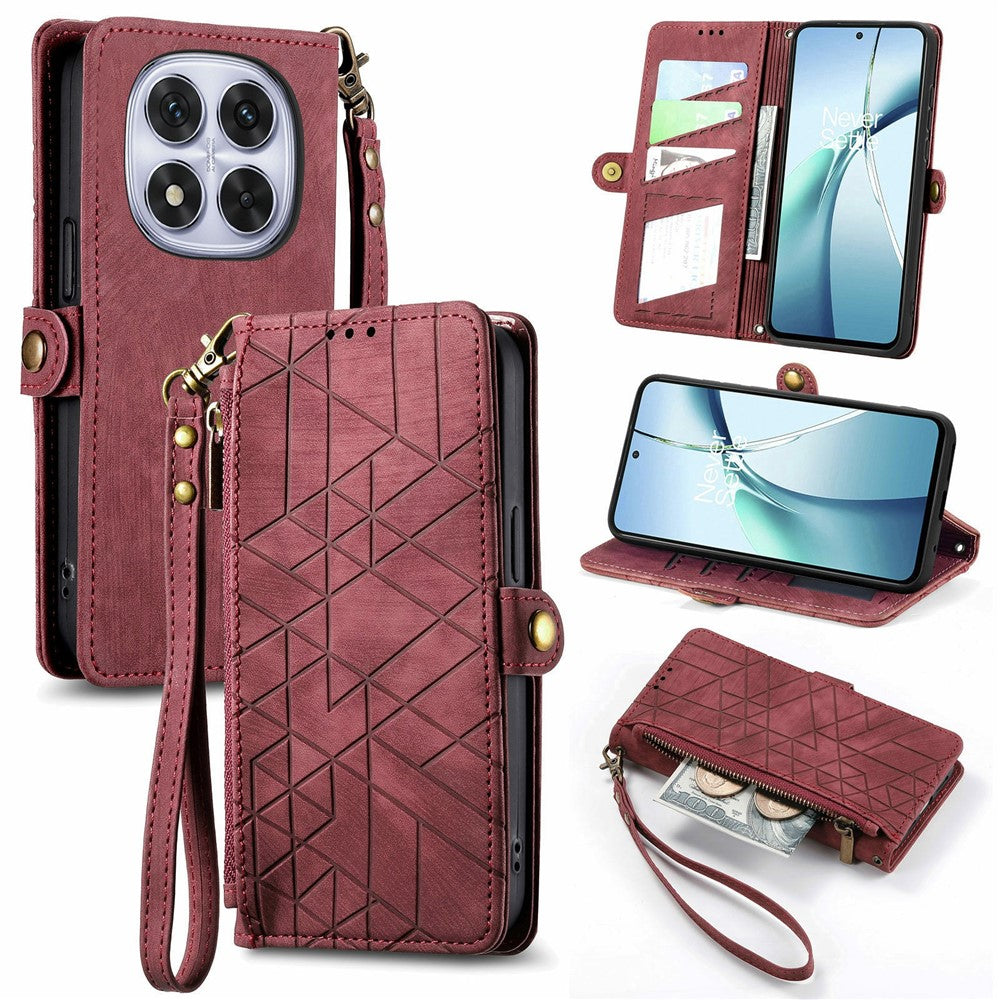 For Xiaomi Poco M8 Pro 5G / Redmi Note 15 Pro+ 5G (Global) Case Zipper Wallet Geometry Lines Leather Phone Cover with Strap - Red