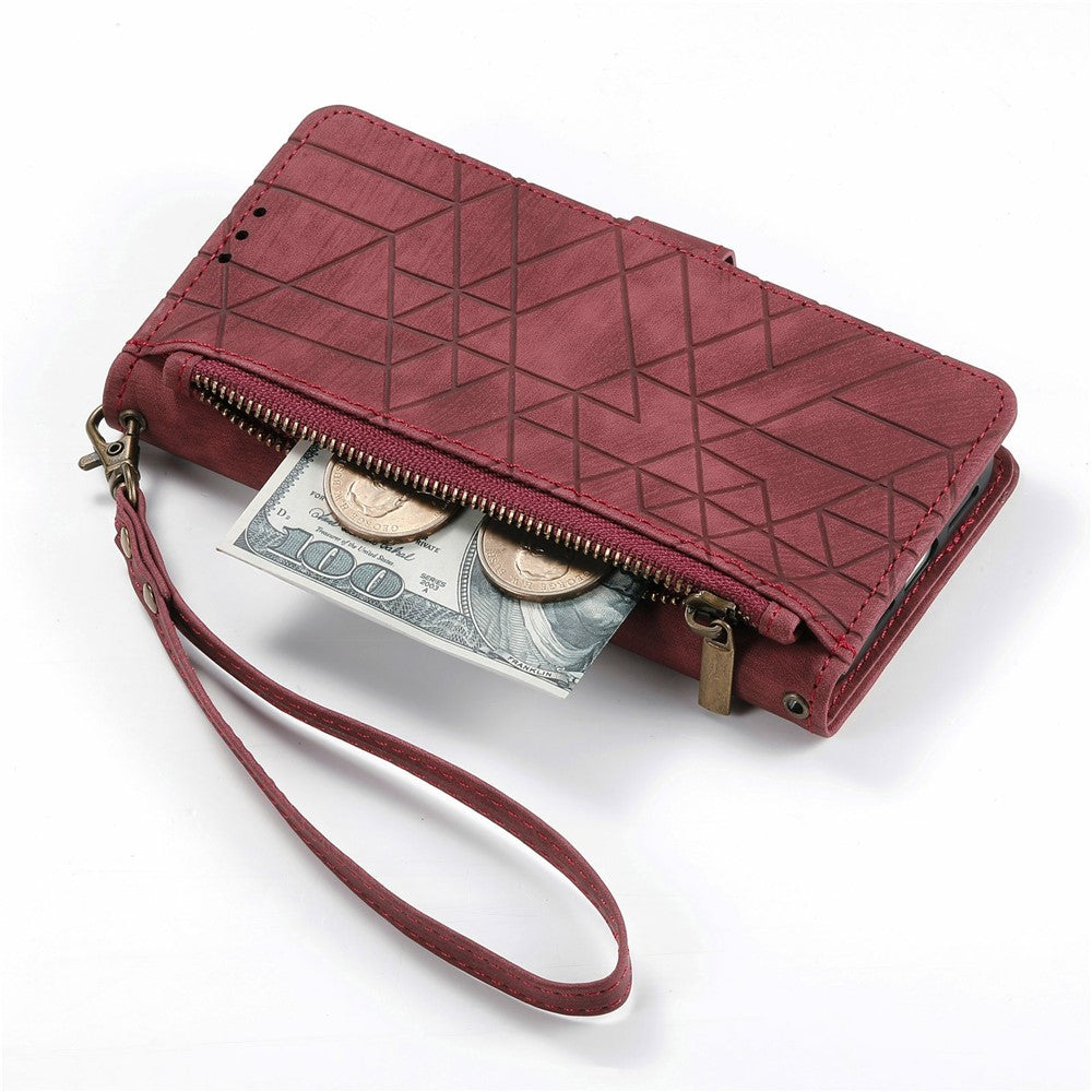 For Xiaomi Poco M8 Pro 5G / Redmi Note 15 Pro+ 5G (Global) Case Zipper Wallet Geometry Lines Leather Phone Cover with Strap - Red