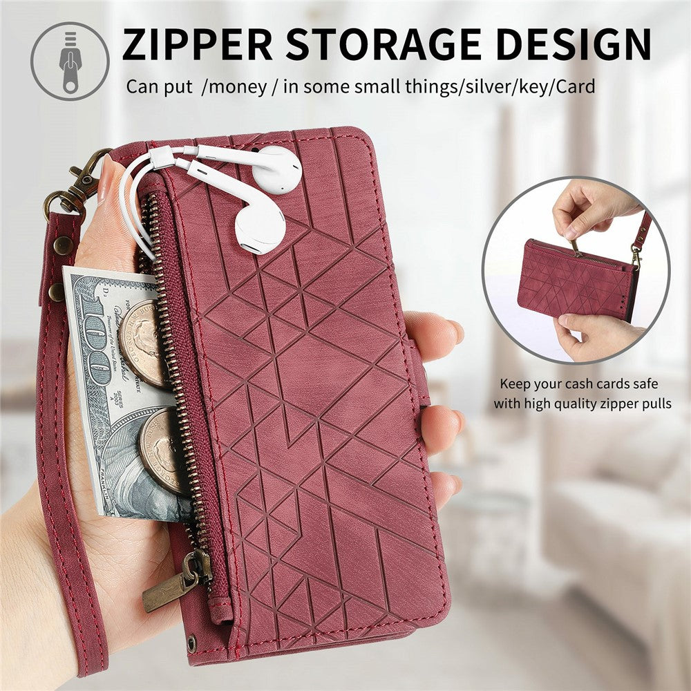 For Xiaomi Poco M8 Pro 5G / Redmi Note 15 Pro+ 5G (Global) Case Zipper Wallet Geometry Lines Leather Phone Cover with Strap - Red