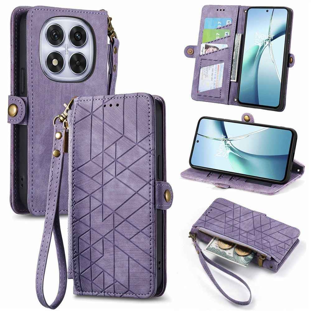 For Xiaomi Poco M8 Pro 5G / Redmi Note 15 Pro+ 5G (Global) Case Zipper Wallet Geometry Lines Leather Phone Cover with Strap - Light Purple