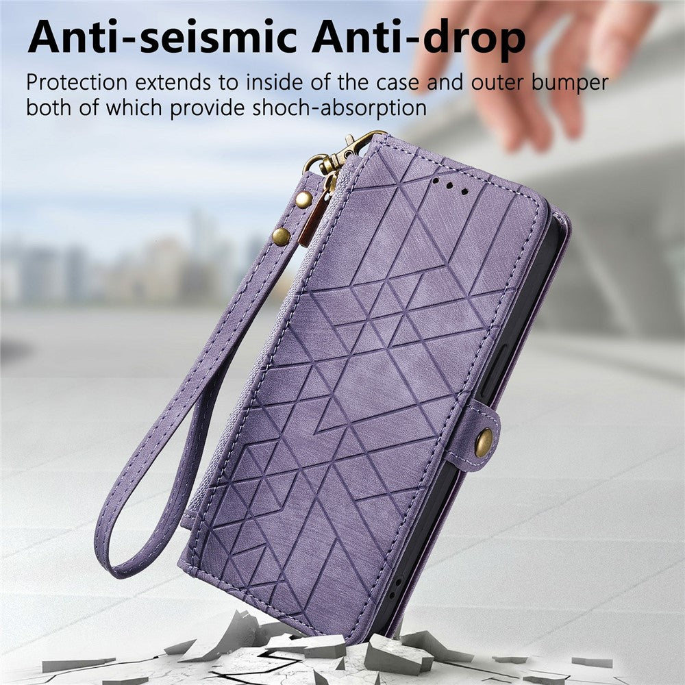 For Xiaomi Poco M8 Pro 5G / Redmi Note 15 Pro+ 5G (Global) Case Zipper Wallet Geometry Lines Leather Phone Cover with Strap - Light Purple