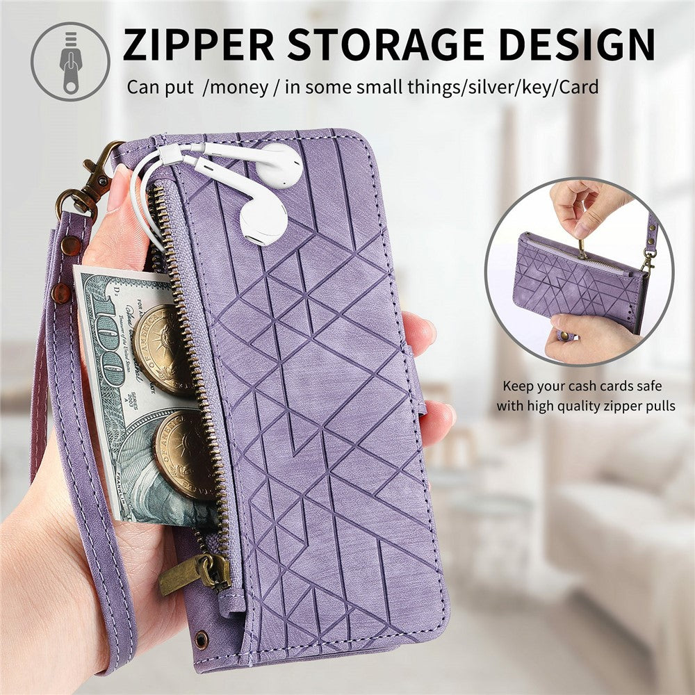 For Xiaomi Poco M8 Pro 5G / Redmi Note 15 Pro+ 5G (Global) Case Zipper Wallet Geometry Lines Leather Phone Cover with Strap - Light Purple