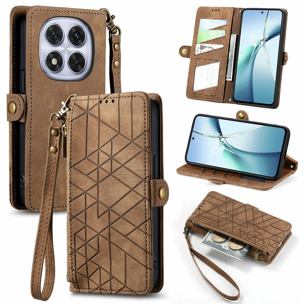 For Xiaomi Poco M8 Pro 5G / Redmi Note 15 Pro+ 5G (Global) Case Zipper Wallet Geometry Lines Leather Phone Cover with Strap - Brown
