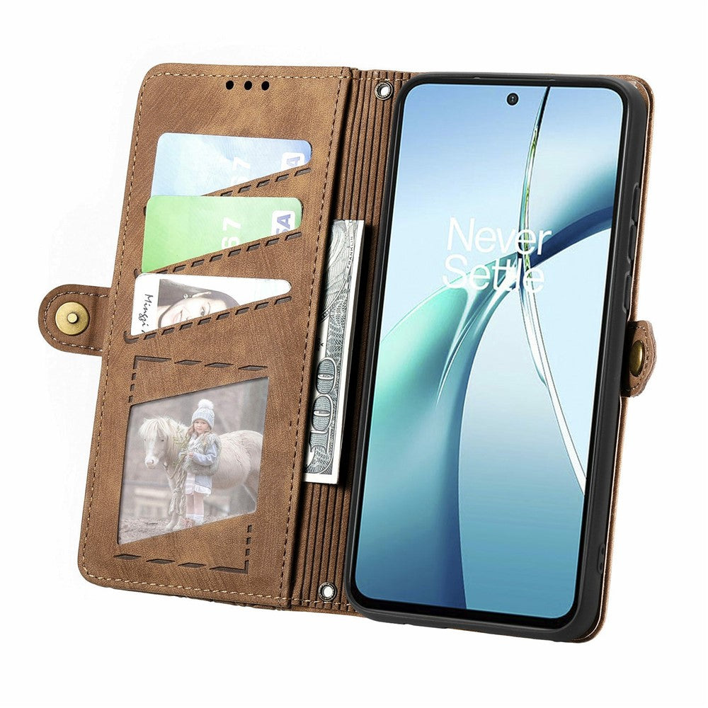 For Xiaomi Poco M8 Pro 5G / Redmi Note 15 Pro+ 5G (Global) Case Zipper Wallet Geometry Lines Leather Phone Cover with Strap - Brown