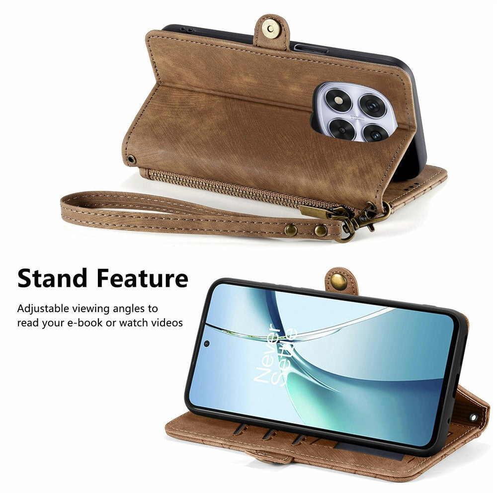 For Xiaomi Poco M8 Pro 5G / Redmi Note 15 Pro+ 5G (Global) Case Zipper Wallet Geometry Lines Leather Phone Cover with Strap - Brown