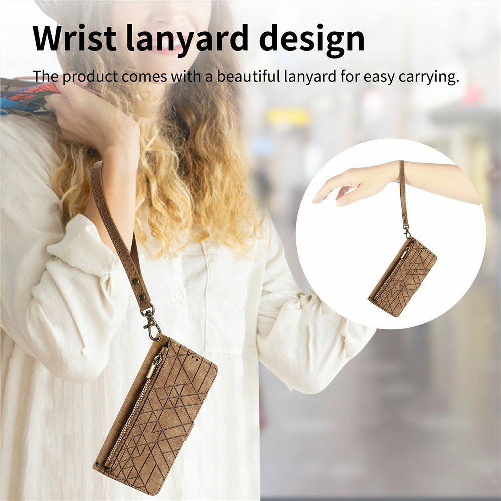 For Xiaomi Poco M8 Pro 5G / Redmi Note 15 Pro+ 5G (Global) Case Zipper Wallet Geometry Lines Leather Phone Cover with Strap - Brown