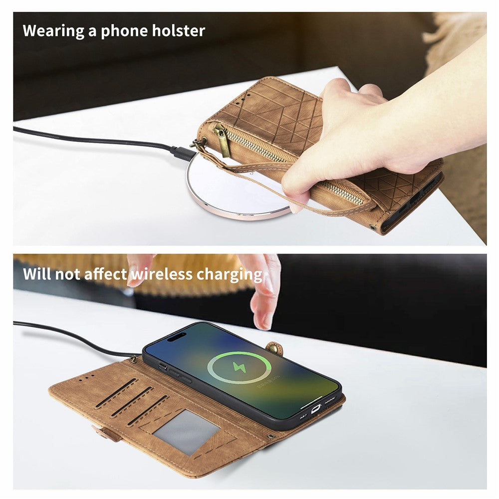 For Xiaomi Poco M8 Pro 5G / Redmi Note 15 Pro+ 5G (Global) Case Zipper Wallet Geometry Lines Leather Phone Cover with Strap - Brown