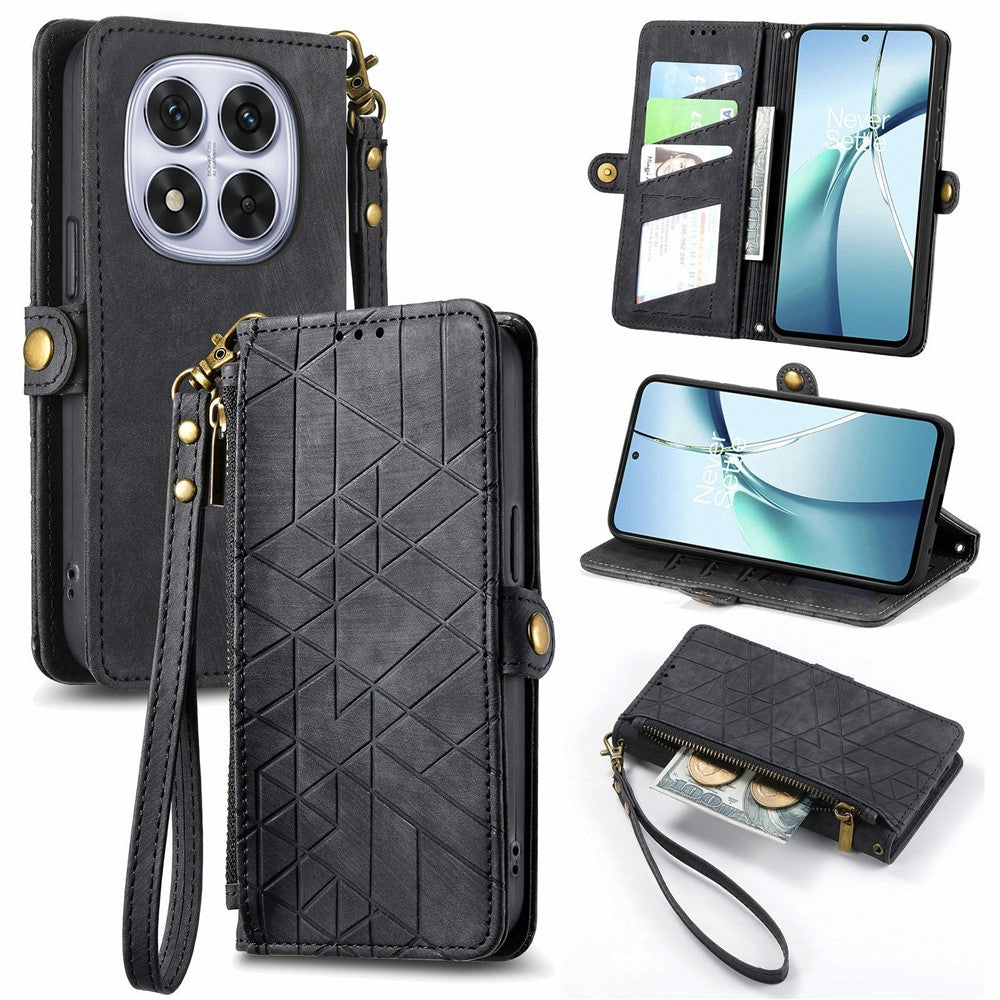 For Xiaomi Poco M8 Pro 5G / Redmi Note 15 Pro+ 5G (Global) Case Zipper Wallet Geometry Lines Leather Phone Cover with Strap - Black