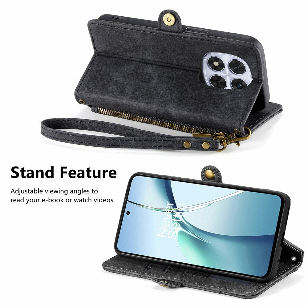For Xiaomi Poco M8 Pro 5G / Redmi Note 15 Pro+ 5G (Global) Case Zipper Wallet Geometry Lines Leather Phone Cover with Strap - Black