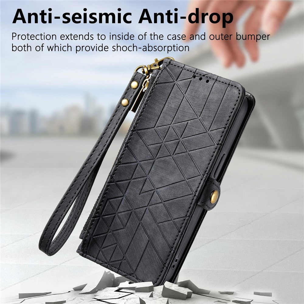 For Xiaomi Poco M8 Pro 5G / Redmi Note 15 Pro+ 5G (Global) Case Zipper Wallet Geometry Lines Leather Phone Cover with Strap - Black