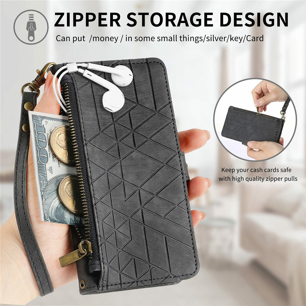 For Xiaomi Poco M8 Pro 5G / Redmi Note 15 Pro+ 5G (Global) Case Zipper Wallet Geometry Lines Leather Phone Cover with Strap - Black