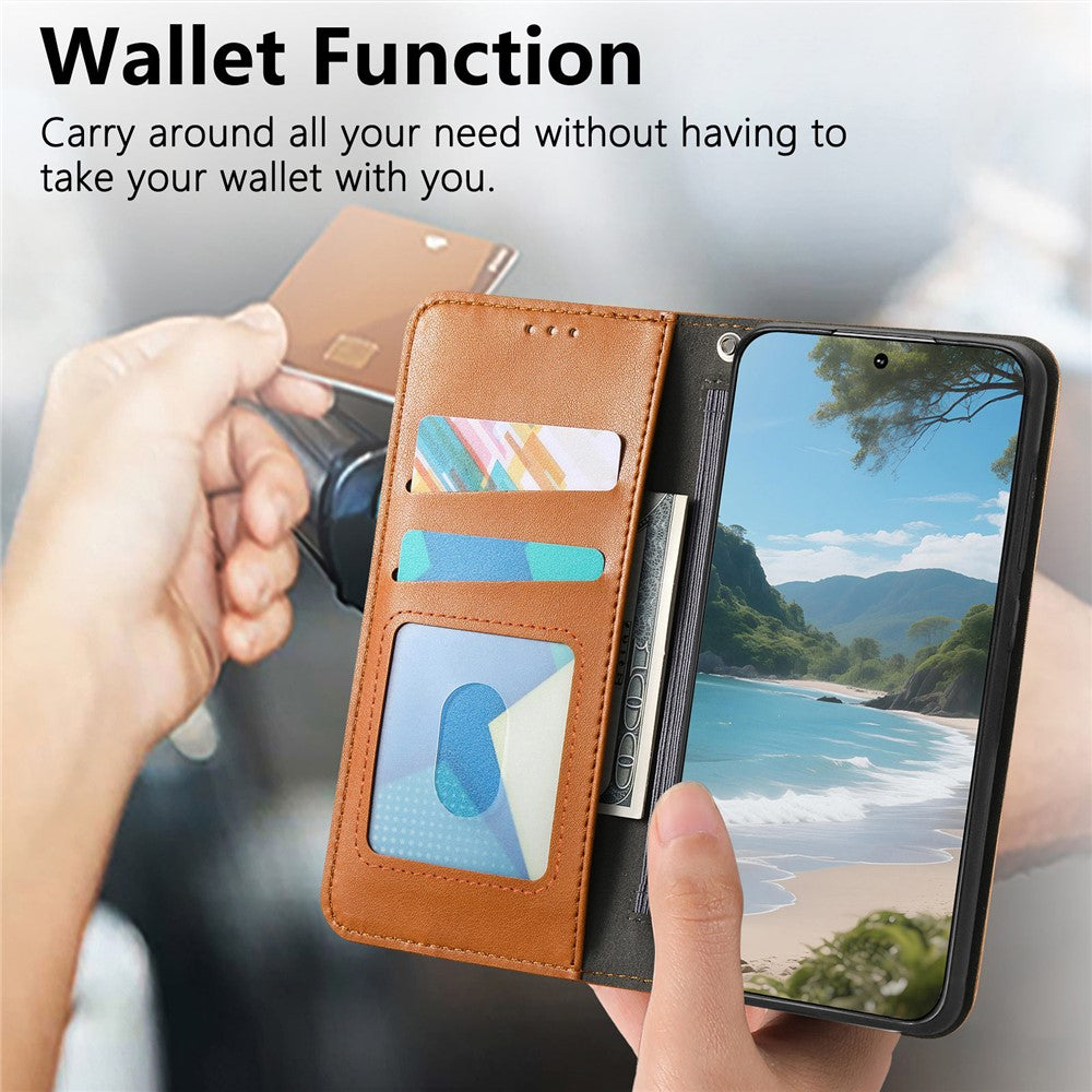 For Xiaomi Poco M8 Pro 5G / Redmi Note 15 Pro+ 5G (Global) Case Wallet Tri-Color Stitching Leather Phone Cover with Elastic Wristband - Brown