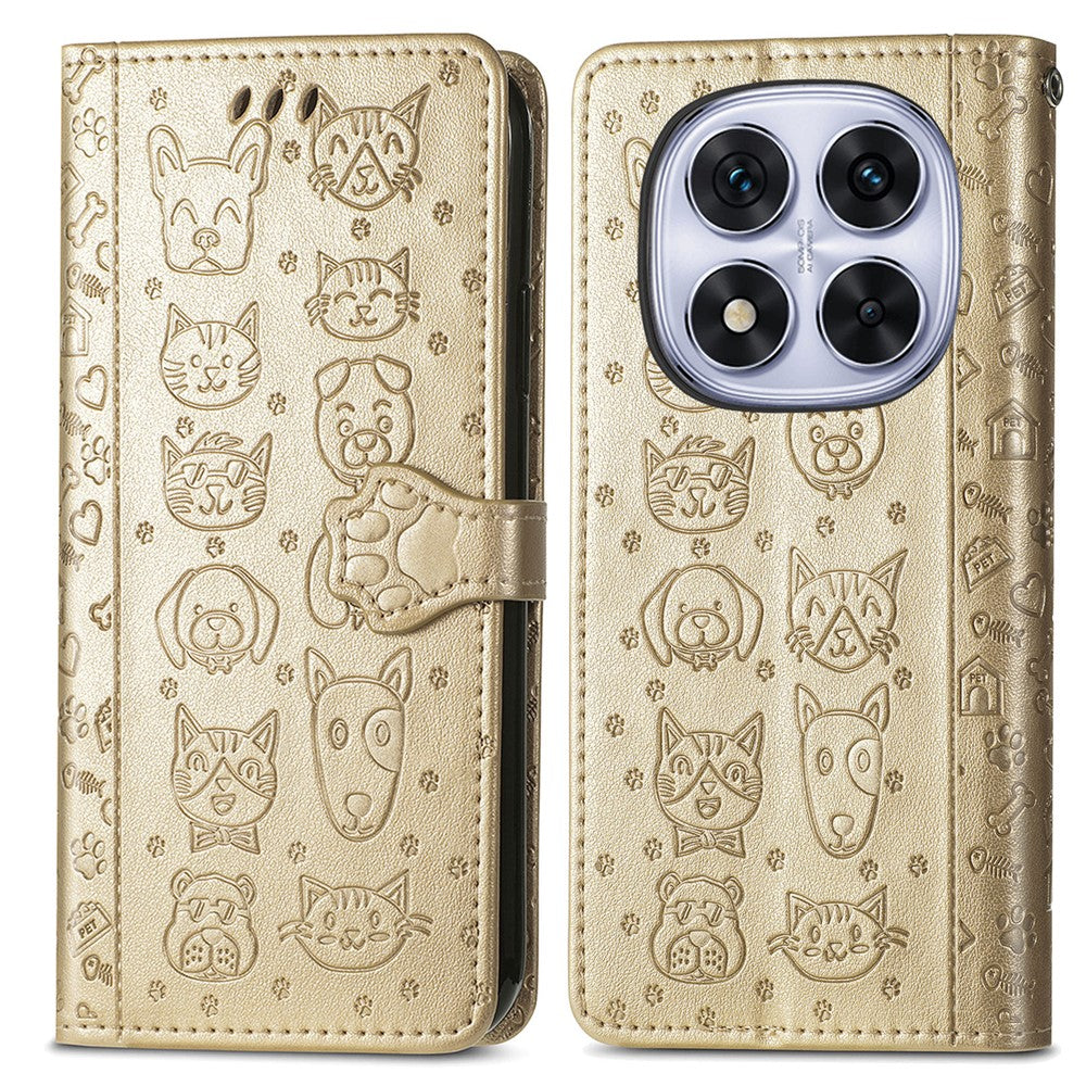 For Xiaomi Poco M8 Pro 5G / Redmi Note 15 Pro+ 5G (Global) Case Flip Wallet Leather Phone Cover with Cute Cat Dog Pattern - Gold