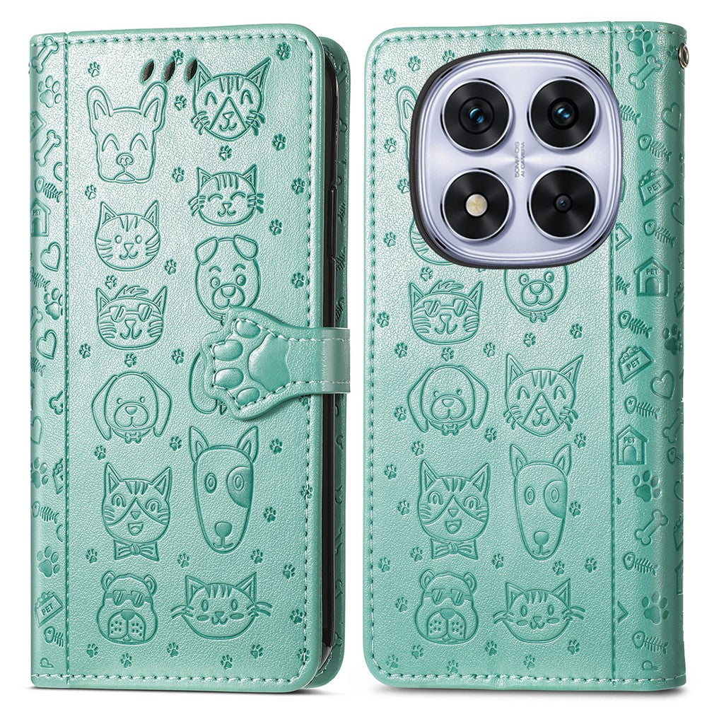 For Xiaomi Poco M8 Pro 5G / Redmi Note 15 Pro+ 5G (Global) Case Flip Wallet Leather Phone Cover with Cute Cat Dog Pattern - Green