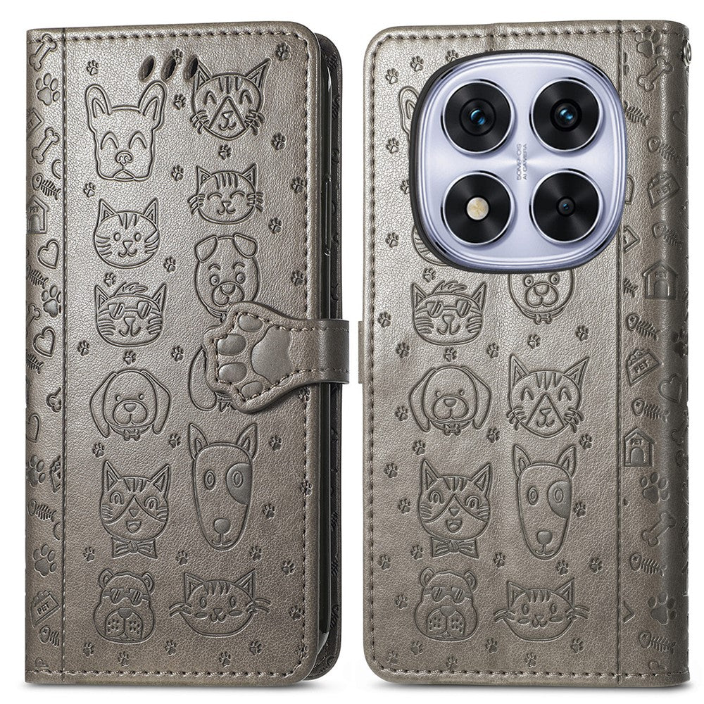For Xiaomi Poco M8 Pro 5G / Redmi Note 15 Pro+ 5G (Global) Case Flip Wallet Leather Phone Cover with Cute Cat Dog Pattern - Grey