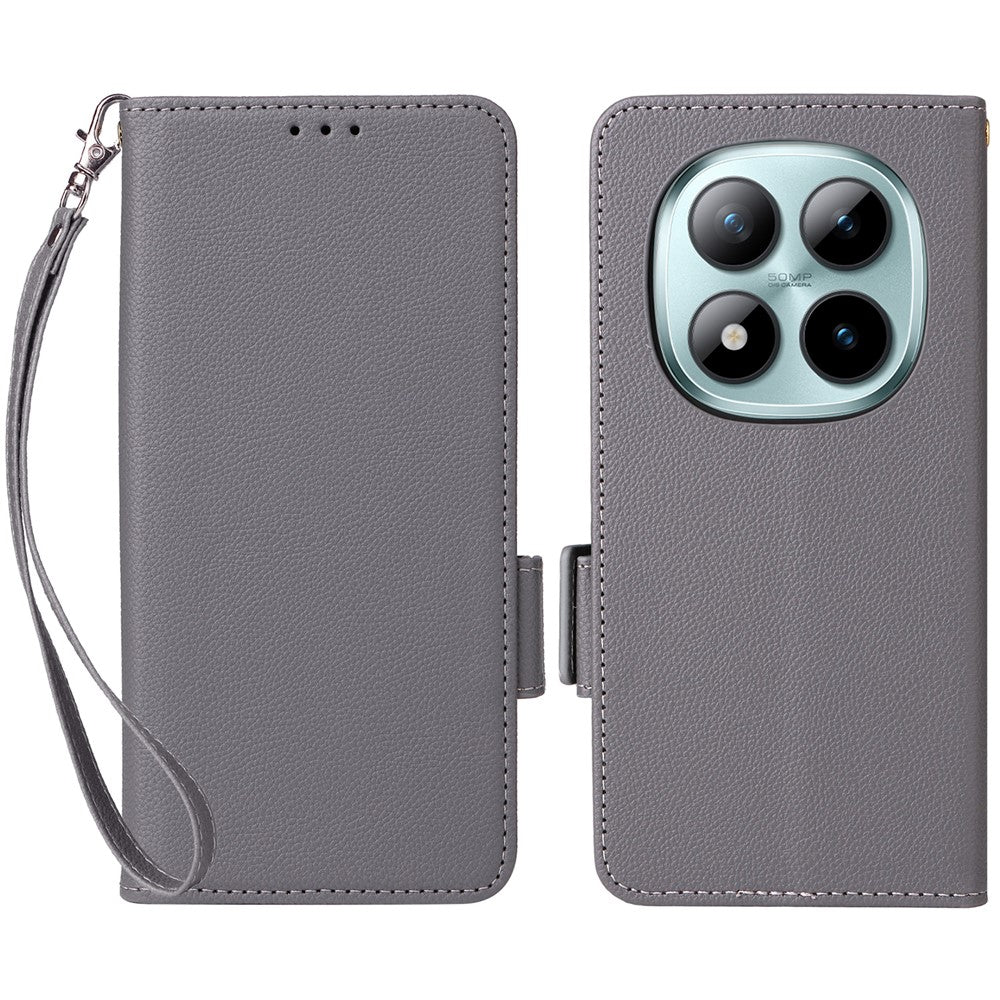 For Xiaomi Redmi Note 15 Pro 5G (Global) Case Litchi Texture Wallet Leather Phone Cover with Wrist Strap - Grey