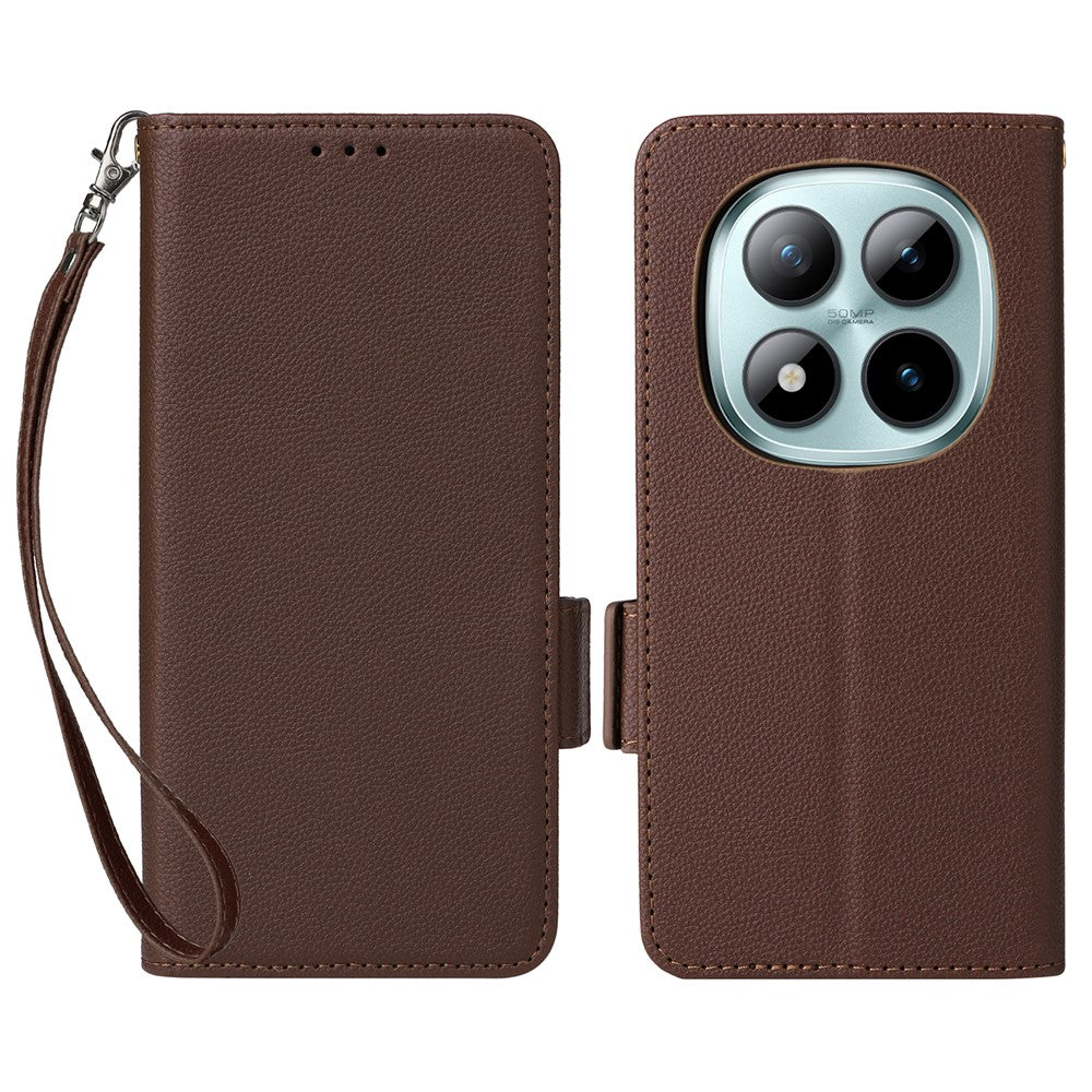For Xiaomi Redmi Note 15 Pro 5G (Global) Case Litchi Texture Wallet Leather Phone Cover with Wrist Strap - Brown