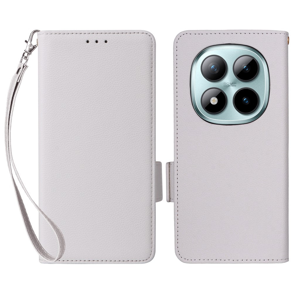 For Xiaomi Poco M8 Pro 5G / Redmi Note 15 Pro+ 5G (Global) Case Litchi Texture Wallet Leather Phone Cover with Wrist Strap - White