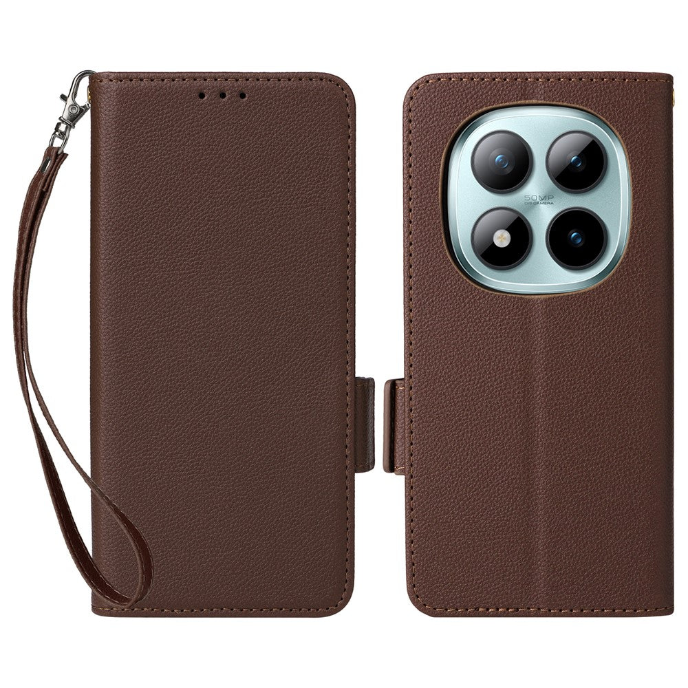 For Xiaomi Poco M8 Pro 5G / Redmi Note 15 Pro+ 5G (Global) Case Litchi Texture Wallet Leather Phone Cover with Wrist Strap - Brown