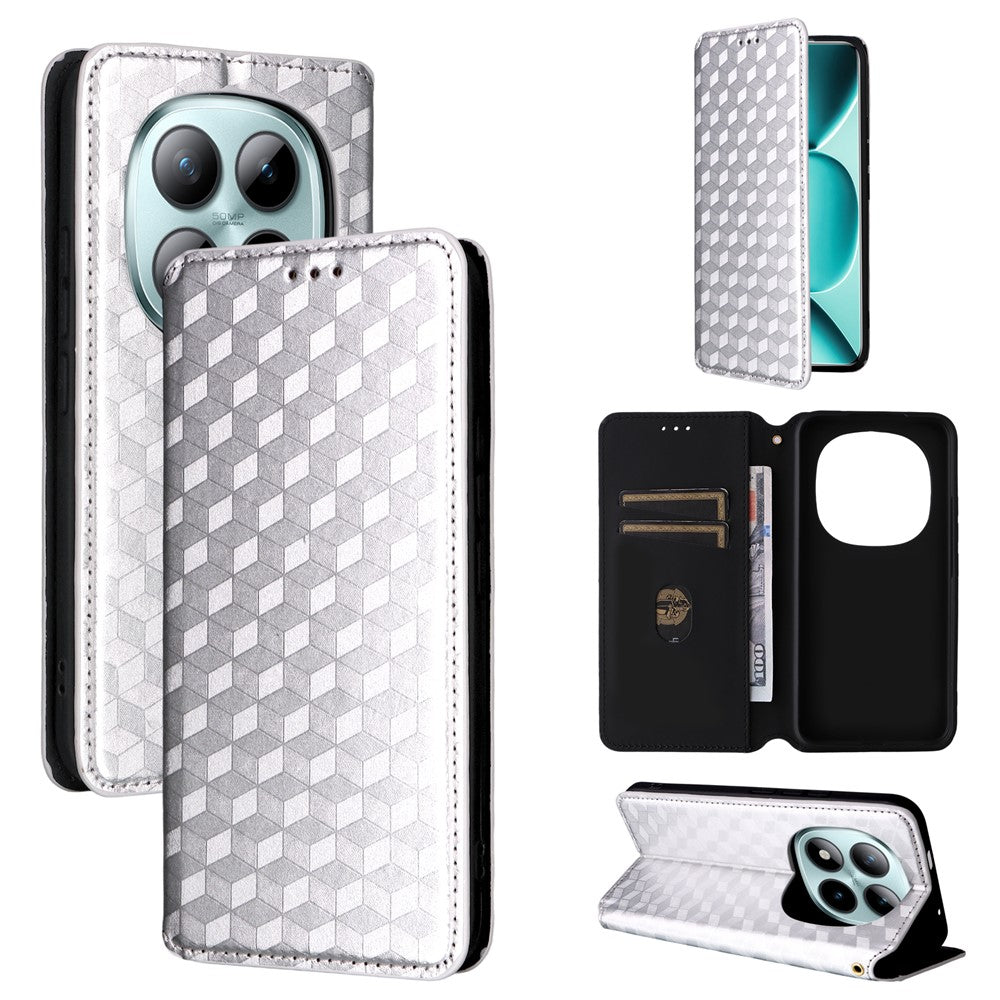 For Xiaomi Poco M8 Pro 5G / Redmi Note 15 Pro+ 5G (Global) Case Wallet Rhombus Imprinted Leather Phone Cover - Silver