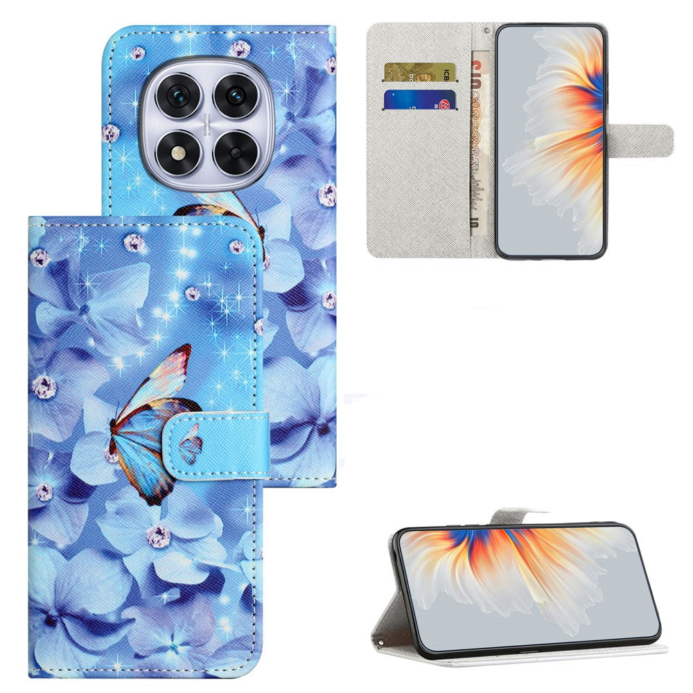 For Xiaomi Poco M8 Pro 5G / Redmi Note 15 Pro+ 5G (Global) Case Pattern Print PU Leather Wallet Phone Cover Cross Texture - Flower and Butterfly
