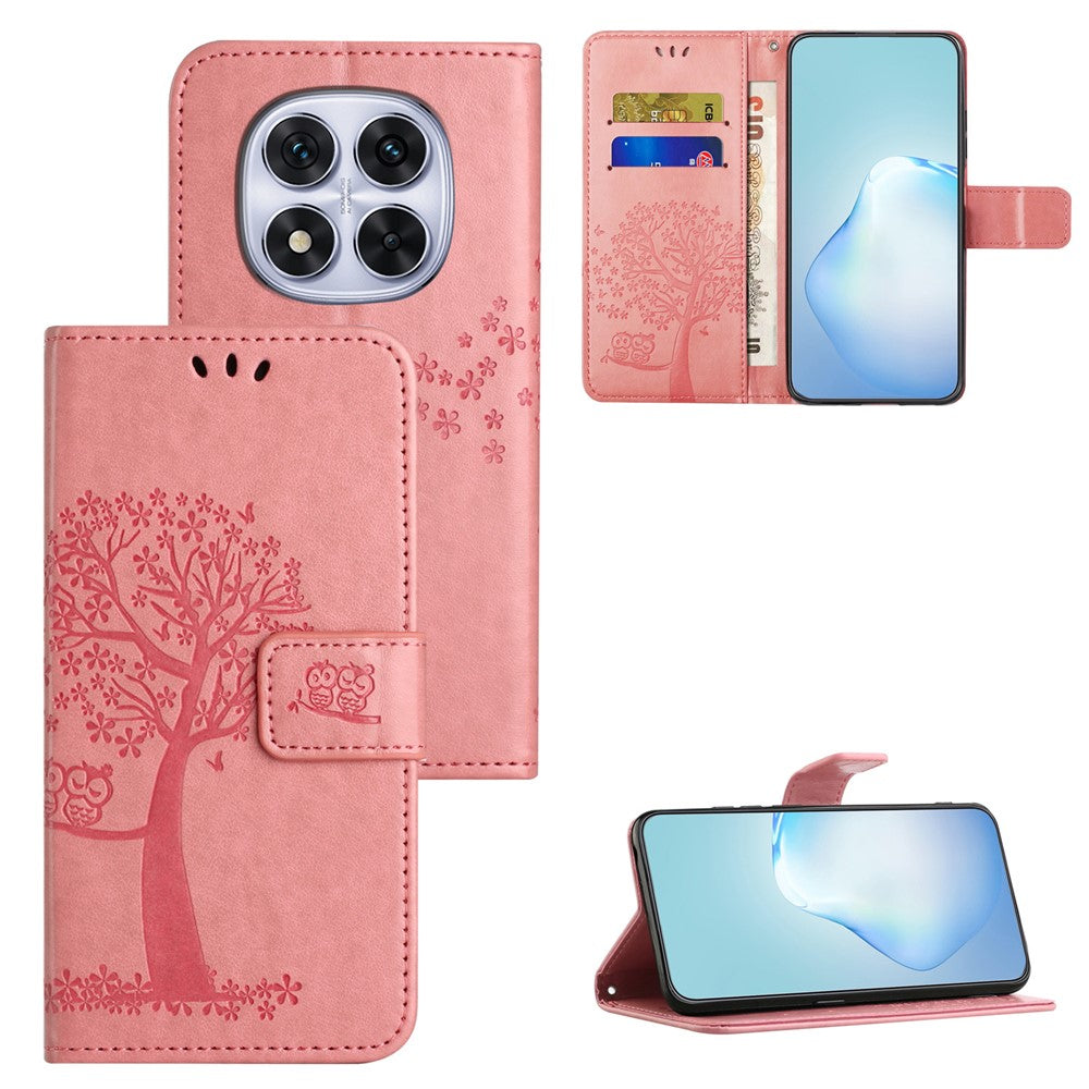 For Xiaomi Redmi Note 15 Pro 5G (Global) Case PU Leather Owl Tree Imprinted Wallet Phone Cover with Strap - Pink