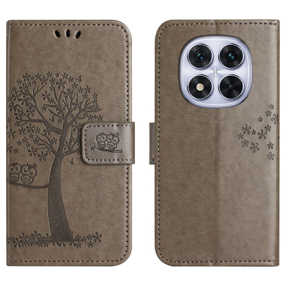 For Xiaomi Redmi Note 15 Pro 5G (Global) Case PU Leather Owl Tree Imprinted Wallet Phone Cover with Strap - Grey