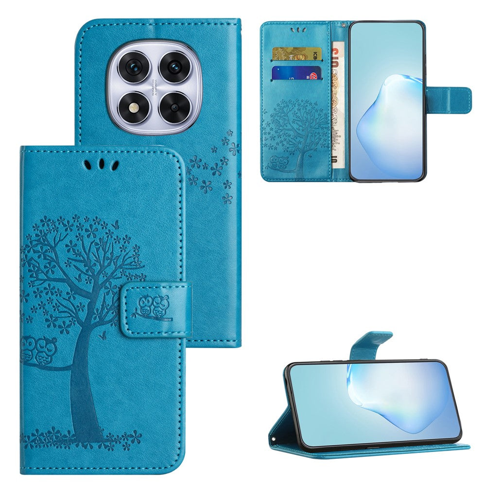 For Xiaomi Redmi Note 15 Pro 5G (Global) Case PU Leather Owl Tree Imprinted Wallet Phone Cover with Strap - Blue