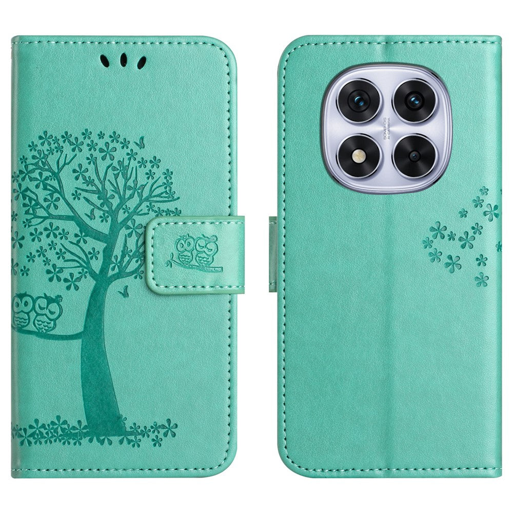 For Xiaomi Redmi Note 15 Pro 5G (Global) Case PU Leather Owl Tree Imprinted Wallet Phone Cover with Strap - Cyan
