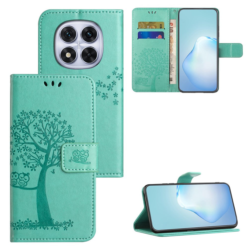 For Xiaomi Redmi Note 15 Pro 5G (Global) Case PU Leather Owl Tree Imprinted Wallet Phone Cover with Strap - Cyan